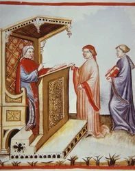 Ububchasym de Baldach (Ibn Butlan) Writing the Tacuinum Sanitatis, Illustration from Tacuini Sanitatis Codex Vindobonensis